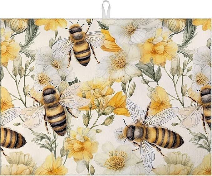 Watercolor Bee Floral Dish Drying Mat for Kitchen Counter Drying Pad Absorbent Reversible Dish Drainer Rack Mats Draining Pad 18"x24"Inch