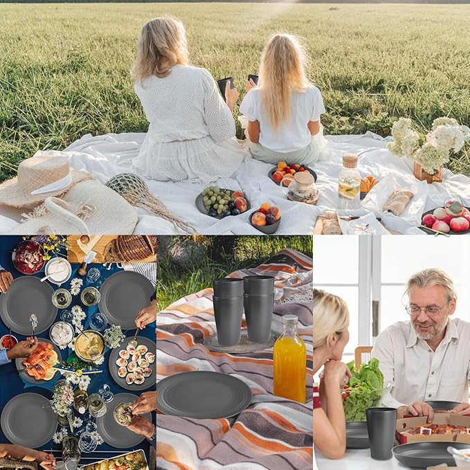 Grey Cups and Plates Sets for Kitchen Plates and Bowls Set, Dishware Sets for 8 Kids Plate Non Toxic Unbreakable and Lightweight,32pcs Halloween Plastic Dinnerware Set, Dishwasher and Microwave Safe