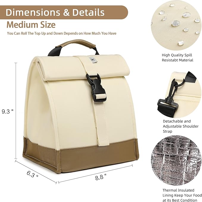 SUNNY BIRD Insulated Lunch Bag Rolltop Lunch Box Medium Lunch Cooler Tote for Women, Girls, Teens and Adults (White)