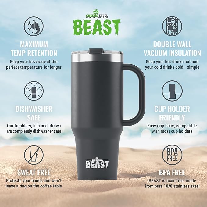 Beast 50 oz Tumbler Stainless Steel Vacuum Insulated Coffee Ice Cup Double Wall Travel Flask (Matt Black)