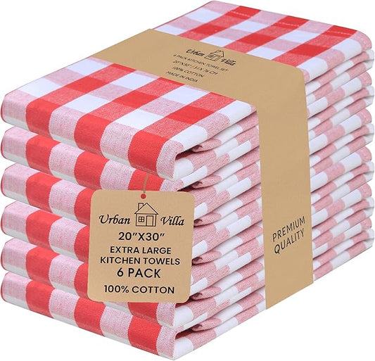 Urban Villa Kitchen Towels Set of 6 Buffalo Checks Red//White Kitchen Towels 20X30 Inches 100% Cotton Highly Absorbent Kitchen Towels Premium Quality Ultra Soft Mitered Corners KitchenTowels