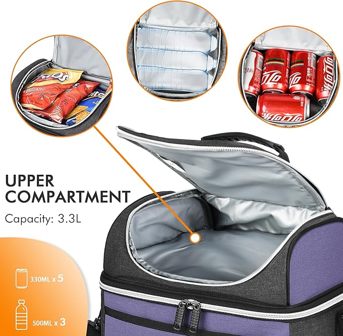 Tirrinia Reusable Lunch Box for Men Women, Insulated Lunch Bag Adult Work, Double Decker Leakproof Lunchbox for Office Picnic Beach—Dual Compartment Lunch Cooler Bag,Purple
