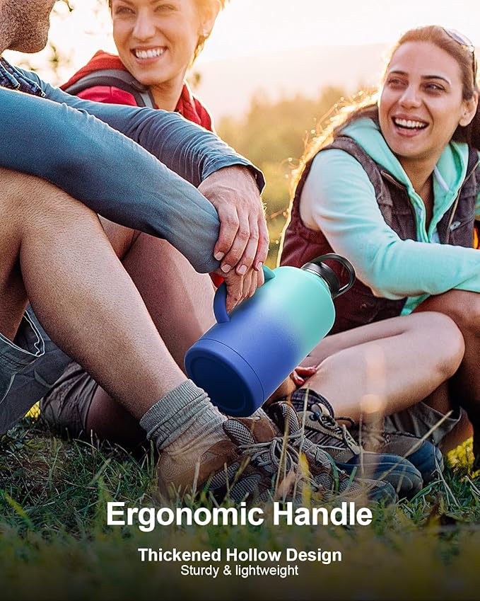 Trebo Half Gallon Water Bottle Insulated with Handle, 64 oz Double Wall Stainless Steel Metal Large Jug, Travel Flask with Straw Spout Lid, Mug Tumbler Cup with Carry Pouch, Keep Cold Hot, Blue