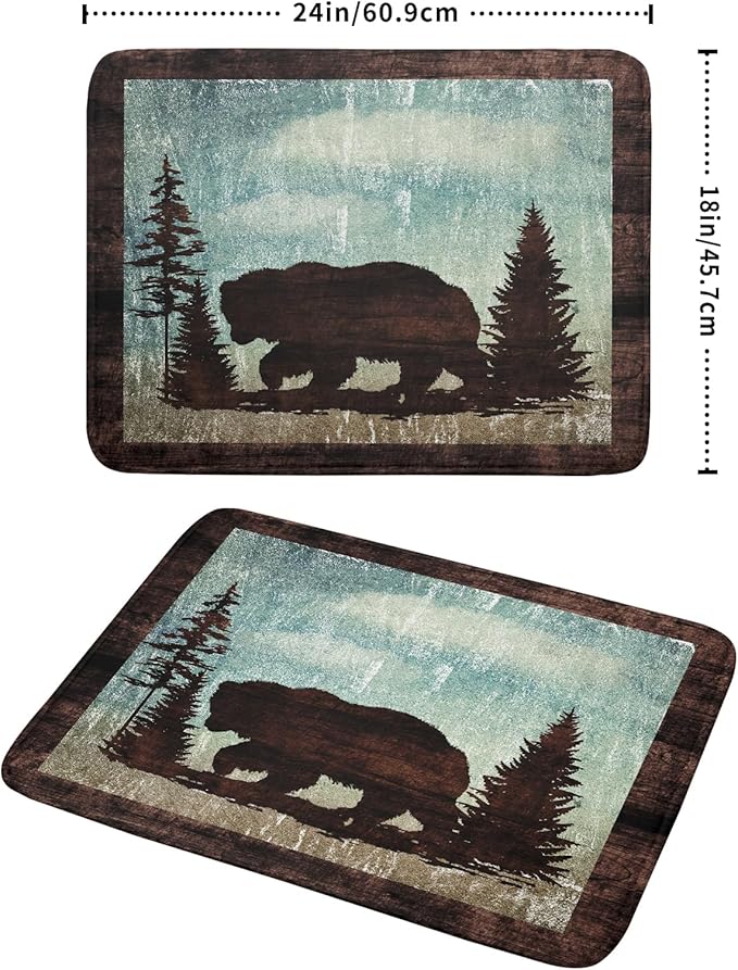 Retro Brown Bear Forest Cabin Dish Drying Mat Countertop 18x24 Fall Blue Sky Cloud Cartoon Wild Animal Bushes Drainer Mat Pine Tree Grass Dishes Pad Rustic Floral Dish Drainer Rack Winter Wildlife