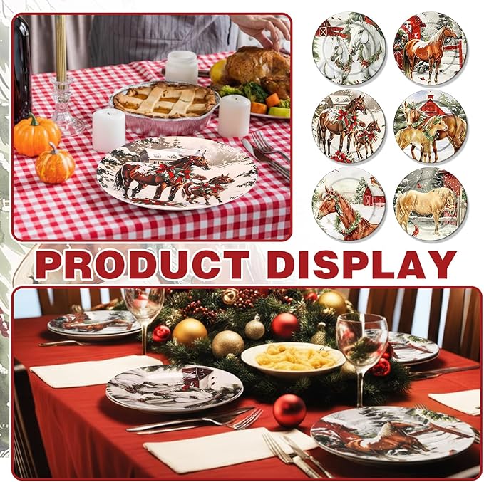 6 Pcs Christmas Reusable Melamine Dinner Plates 8 Inch Christmas Theme Round Plates Xmas Dishes Dinnerware Set for Salad Pasta Xmas Birthday Party Supplies Gifts (Horse)