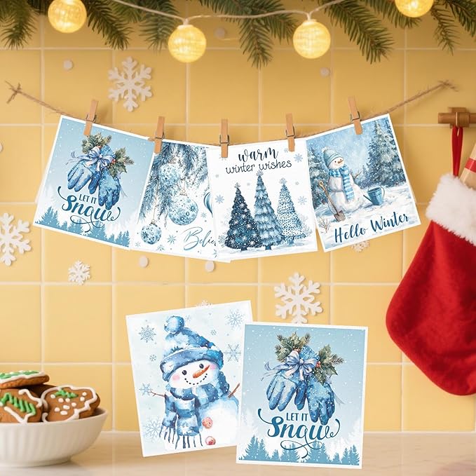 Winter Swedish Dishcloths for Kitchen - 6PCS Let It Snow Swedish Cloths for Washing Dishes, Snowman Blue Winter Reusable Dish Towels, Holiday Seasonal Washable Cleaning Sponge Gift