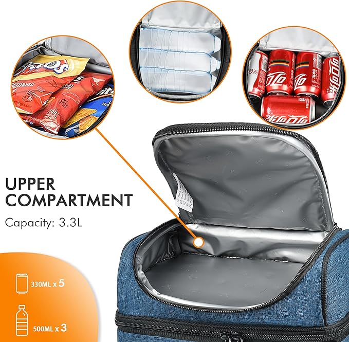 Tirrinia Reusable Lunch Box for Men Women, Insulated Lunch Bag Adult Work, Double Decker Leakproof Lunchbox for Office Picnic Beach—Dual Compartment Lunch Cooler Bag,Dark Blue