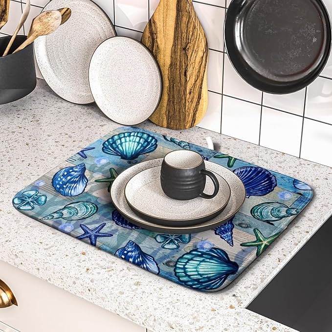 Starfish Seashell Dish Drying Mat 16x18 inch Coastal Beach Dish Drainer Rack Pad Absorbent Microfiber Fast Dry Kitchen Counter Accessories