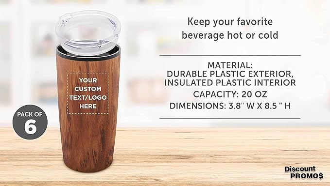 Custom Plastic Tumblers 20 oz. Set of 6, Personalized Bulk Pack - With lids, Ice Coffee Tumbler, To Go Cup, Insulated - Wood