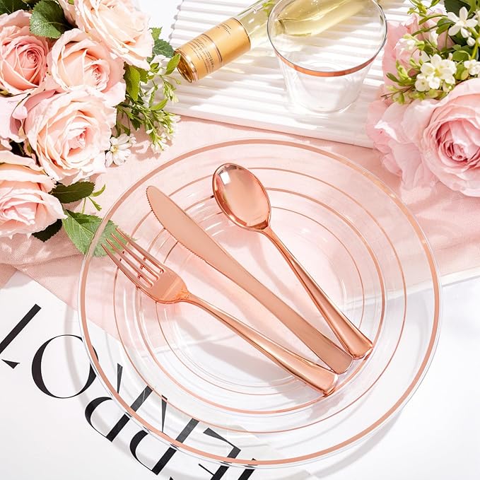 bUCLA 150PCS Clear Rose Gold Disposable Dinnerware set - Rose Gold Plastic Plates Include 25 Dinner / 25 Dessert Plates, 25 Knives, 25 Forks, 25 Spoons, 25 Cups for Party, Wedding & Mother's Day