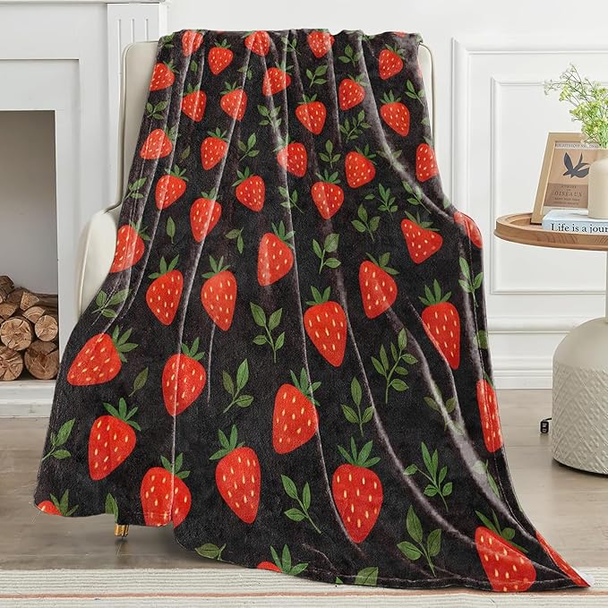 Strawberry Blanket Sweet Red Fruit and Leaf on Black Background Throw Blankets Lightweight Flannel Throws for Camping Couch Chair Office Bed Home Decor Gifts for Adults,80x60inch
