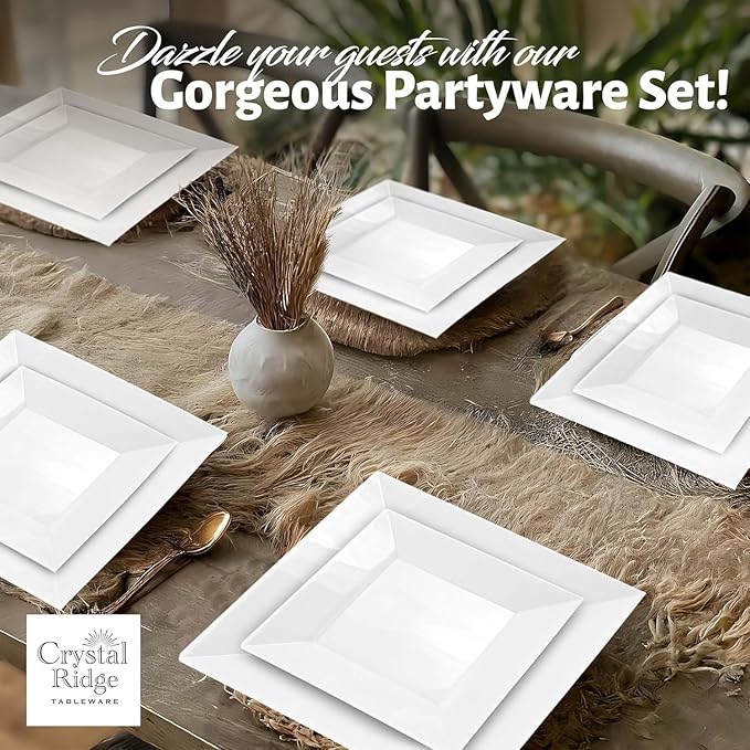 60 Pieces Square White Plastic Disposable Plates - Premium Heavy-Duty 30 Dinner Plates & 30 Salad Plates Ideal for Party, Birthday and Special Events