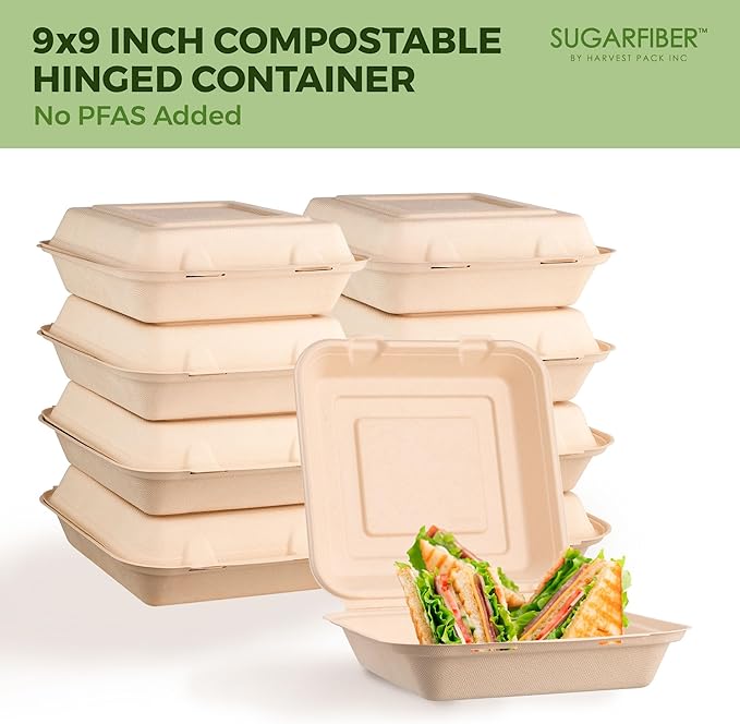 [200 COUNT]Sugarfiber by Harvest Pack PFAS FREE 9 X 9" Compostable Clamshell Food Containers, Heavy-Duty Hinged Container, Disposable Bagasse Eco-Friendly Natural Sugarcane Takeout to go Box