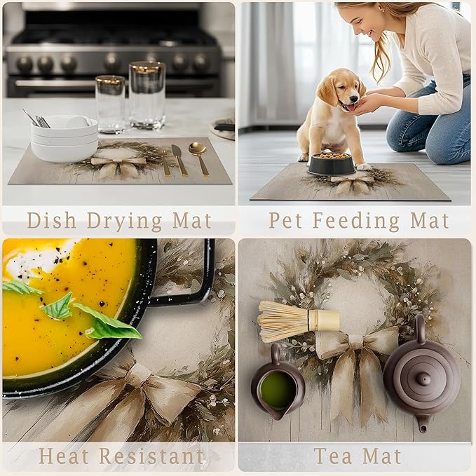 Christmas Wreath Dish Drying Mat, Vintage Winter Xmas Holiday Absorbent Dish Drainer Reusable Washable Drying Mat Pad for Kitchen Counter, Farmhouse Christmas Decor, 12×15 Inch