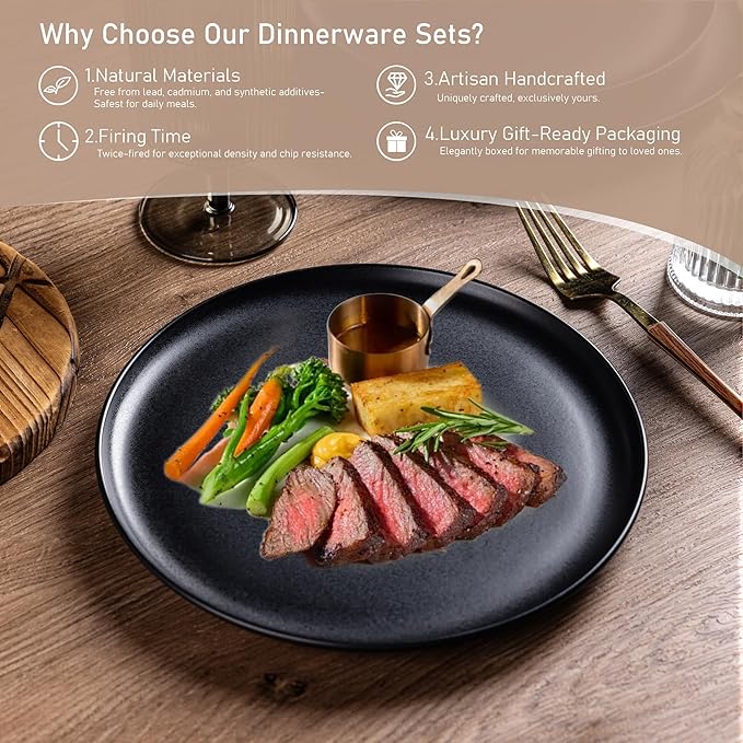 LERATIO Stoneware Dinnerware Sets for 4,Handcarft Ceramic Plates and Bowls Sets,Chip and Scratch Resistant Dishes, Dishwasher & Microwave Safe, Oven safe,Reactive Glaz-Black