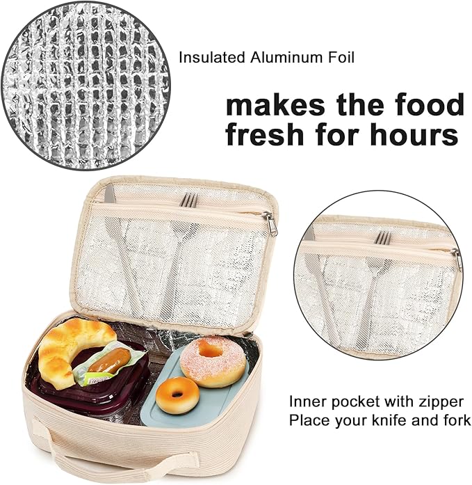 Bluboon Kids Girls Lunch Bag Insulated Lunch Box for school Corduroy Lunch Cooler Organizer School Kids Lunch Tote (Corduroy-White)