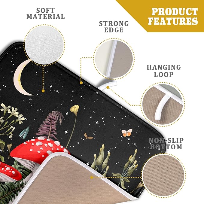 Red Mushroom Dish Drying Mat for Kitchen Counter Plant Leaves Drainer Mats Rack Holder Countertop Absorbent Microfiber Coffee Pads 16x18 Inch