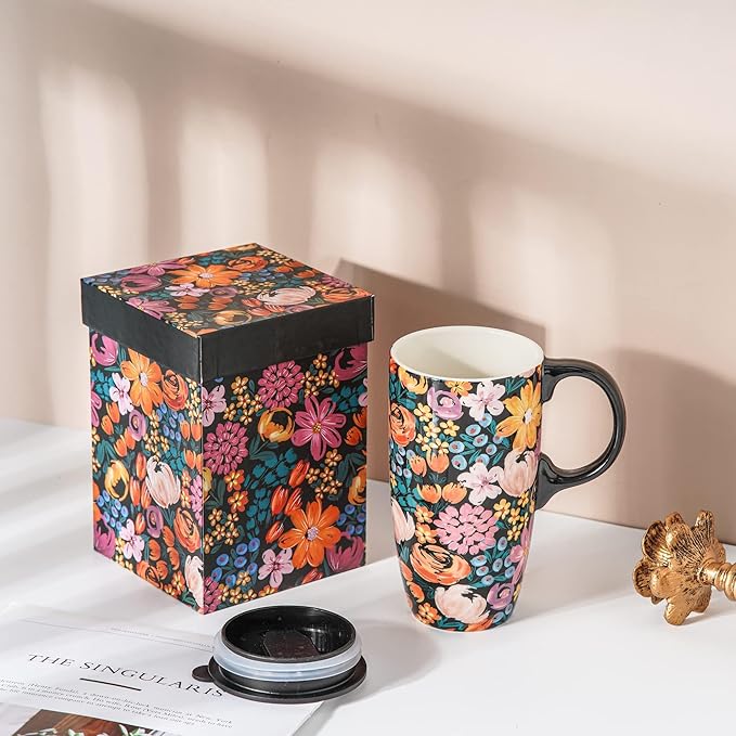 Topadorn Ceramic Mugs Porcelain Latte Tea Cup Coffee Mug with Gift Box,17oz. Flowers