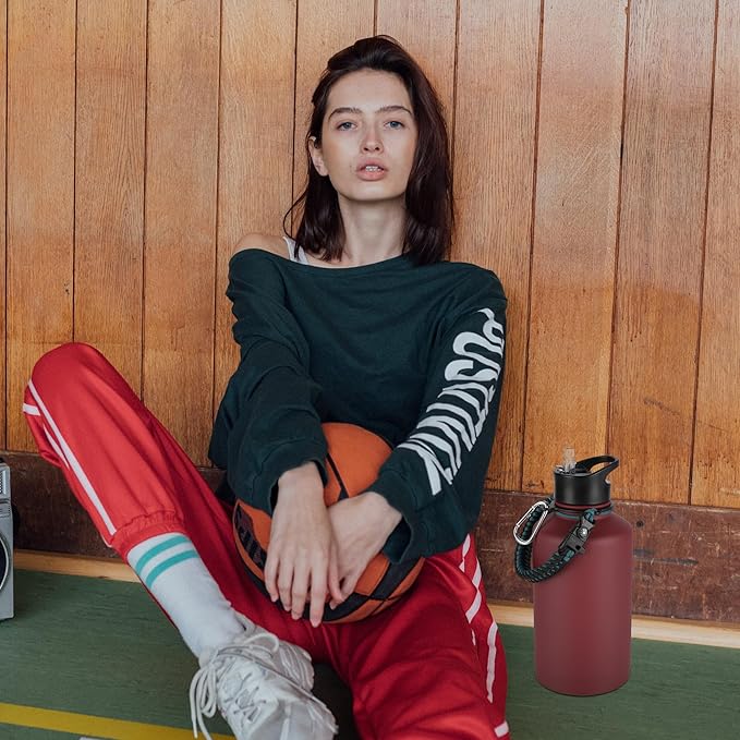 64 oz Insulated Water Bottle with Straw & Spout Lids, Stainless Steel Metal Half Gallon Water Jug with Paracord Handle, Double Wall Vacuum, Leakproof, Keep Drinks Cold & Hot, Brick Red