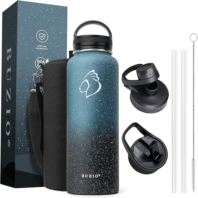BUZIO 40 oz Water Bottle Insulated with Straw & 3 lid and Carrying Pouch, Leak Proof Anti-Slip Stainless Steel Water Flask Jug, Cold for 48 Hrs Double Vacuum Thermo Canteen, BPA-Free, Starry Indigo