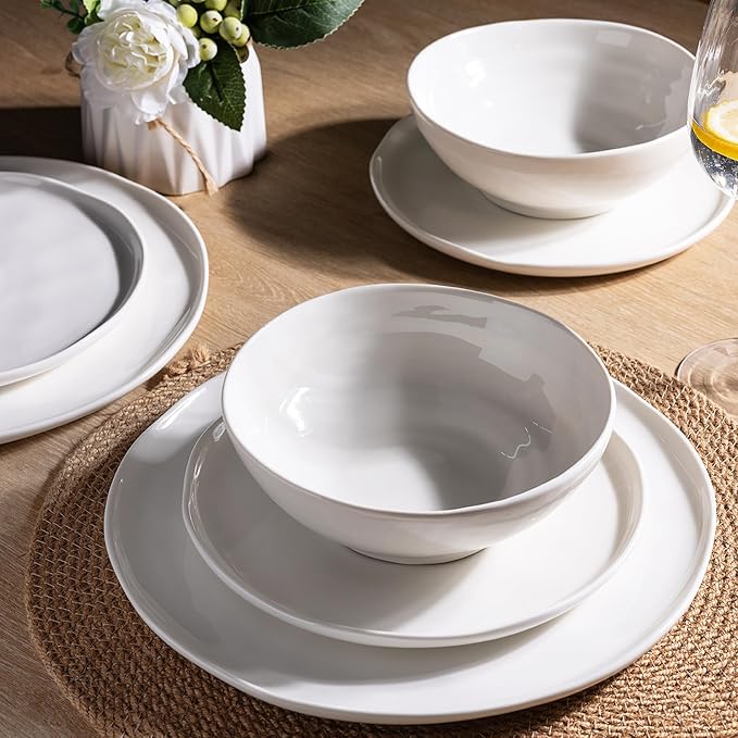 LERATIO Ceramic Dinnerware Sets for 8,Porcelain Plates and Bowls Sets with Wavy Edge, Oven &Microwave & Dishwasher &Safe,Light Weight & Scratch Resistant Dishes Sets-Service for 8 (24pcs) Peal White