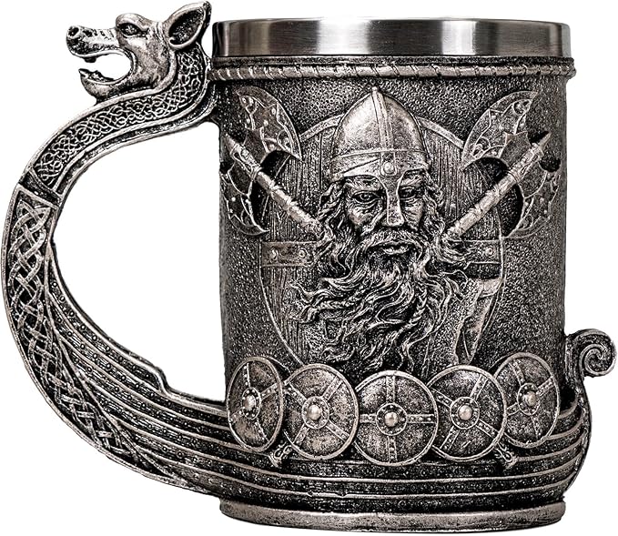 Viking Mug Beer Stein Tankard, Stainless Steel Ideal Drinkware for Coffee Cup Nordic Style Gifts for Men