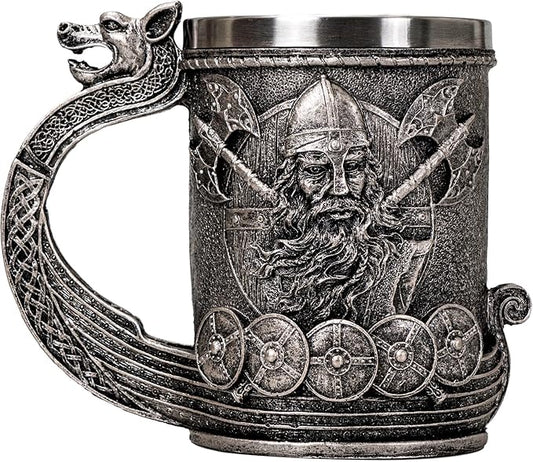 Viking Mug Beer Stein Tankard, Stainless Steel Ideal Drinkware for Coffee Cup Nordic Style Gifts for Men