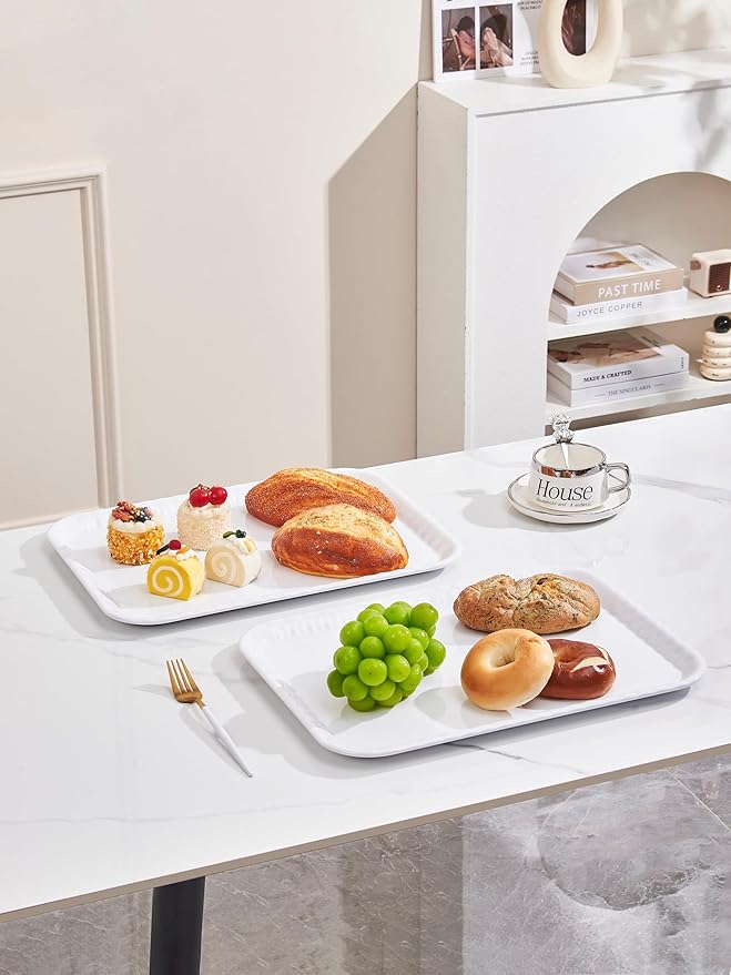 Blue Boat 17" x 12" Rectangular Serving Trays Set Set of 4 White, Melamine Serving Platter, Light Weight Easy to Clean Sturdy Stackable BPA-Free Dishwasher Safe