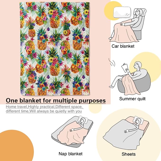 Pineapple Floral Blanket with Tropical Fruit and Flower Throw Blankets Lightweight Flannel Throws for Camping Couch Chair Office Bed Home Summer Decor Gifts for Adults,60x50inch