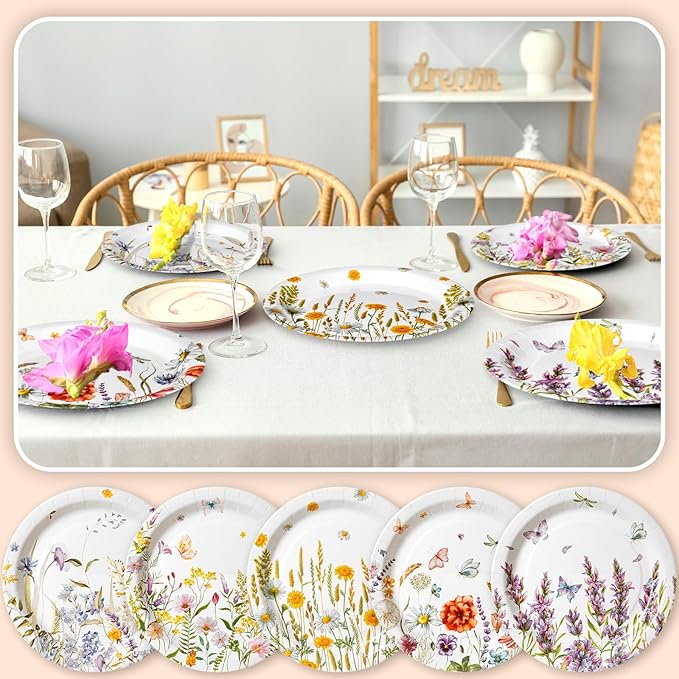 Zhehao 50 Pcs Wildflower Paper Plates 9 Inch Disposable Summer Plates Party Decoration for Birthday Picnic Spring Wedding Baby Shower