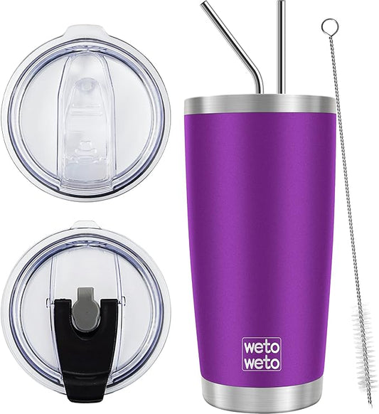 WETOWETO 20oz Tumbler with 2 lids and 2 straws, Stainless Steel Vacuum Insulated Water Coffee Tumbler Cup, Double Wall Powder Coated Spill-Proof Travel Mug Thermal Cup (Purple, 1 Pack)
