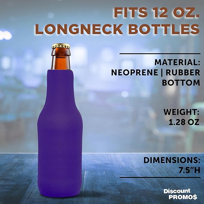 10 Neoprene Zippered Beer Bottle Coolies Pack - Sharkskin Rubber Bottom - Purple