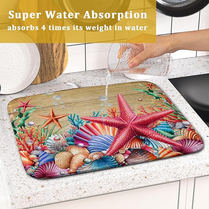 Summer Ocean Dish Drying Mat - Starfish Seashells Absorbent Kitchen Countertop Drying Pad 16 X 18 Inch