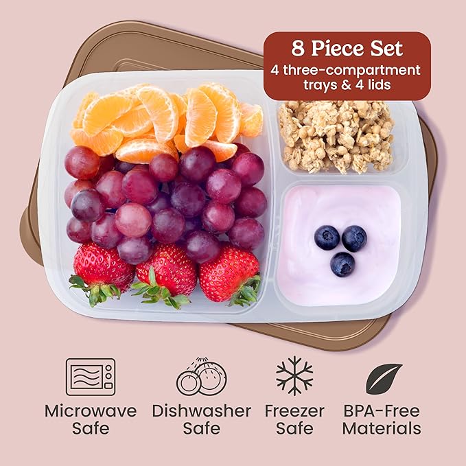 Bentgo Easyboxes - Original Stackable Lunch Boxes - Reusable 3-Compartment Food Containers for Kids and Adults - Bento Lunch Box for Meal Prep, School, & Work - BPA Free, Set of 4 (Earth Tones)