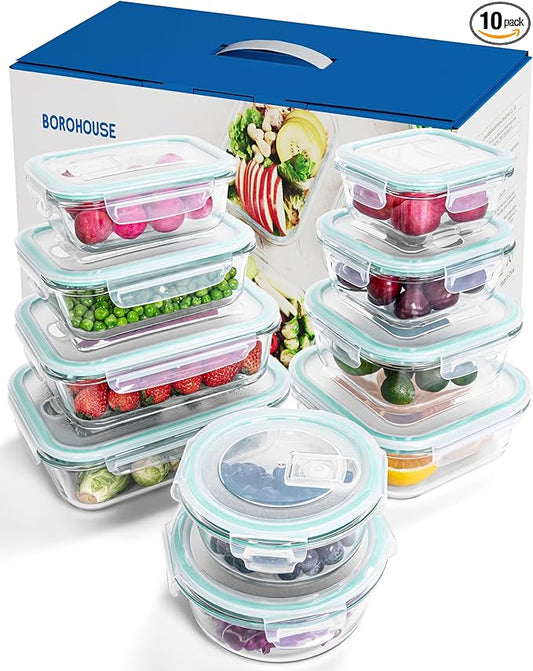 10-Piece Borosilicate Glass Food Storage Containers with Airtight Lids – Microwave, Oven, Freezer Safe, Leak-Proof, BPA-Free – Meal Prep, Baking & Gift Set