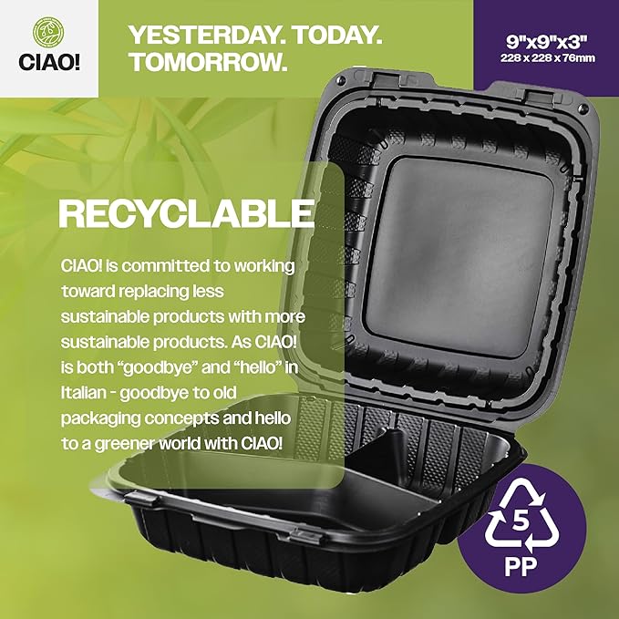 CIAO! 9"x9"x3" MFPP Black Hinged Container With Lid 3 Compartment (Case of 150)