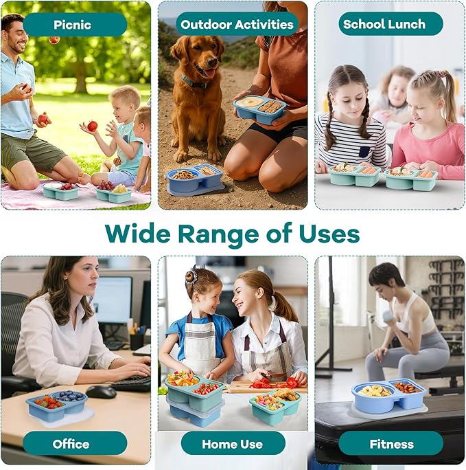 4 Pack Reusable Silicone Snack Containers with Semi-Transparent Lids, Small Leak-Proof 2 Compartment Condiment Container for Sauce, Fruit, Portable Food Storage Box for Office, Travel, Outdoors