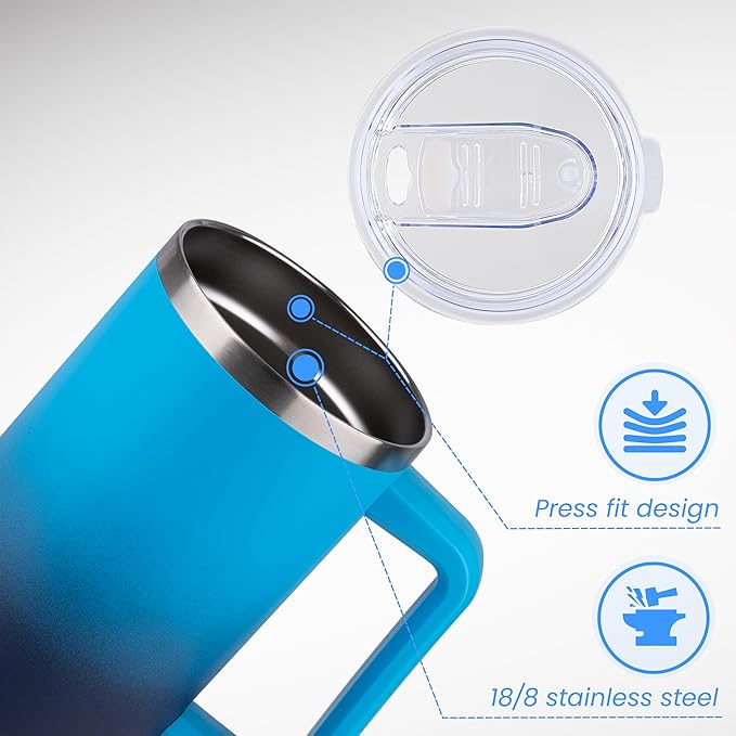 DOMICARE 40 oz Tumbler with Handle and Straw, Stainless Steel Tumbler with Lid and Straw, Reusable Vacuum Insulated Cup, Travel Coffee Mug, Blue Gradient, 1Pack