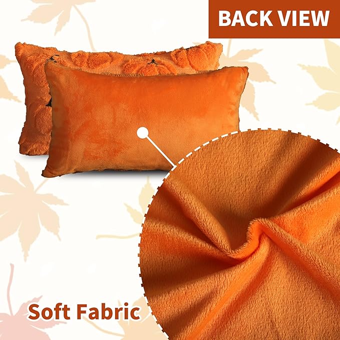 4TH Emotion Fall Pumpkins Decorative Lumbar Pillow Covers 12x20 Set of 2, Orange Soft Plush Faux Fur Wool Farmhouse Throw Cushion Cases for Autumn Thanksgiving Holiday Home Decorations