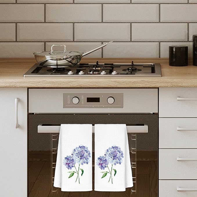 Purple Hydrangea Flowers Floral Kitchen Towels Set of 2 - Flowers Decorative Hand Towels for Bathroom, Purple Hydrangea Decor Dish Towels for Kitchen, Floral Hand Towels, 16x24