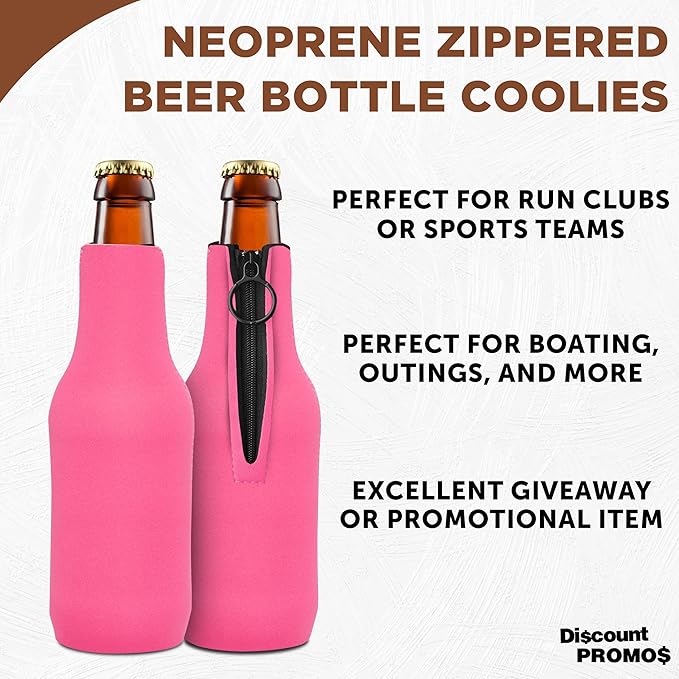 10 Neoprene Zippered Beer Bottle Coolies Pack - Sharkskin Rubber Bottom - Neon Pink