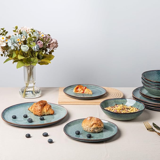 AmorArc Ceramic Dinnerware Sets,Handmade Reactive Glaze Stoneware Plates and Bowls Sets,Highly Chip and Crack Resistant | Dishwasher & Microwave Safe Dishes Set,Service for 4 (12pc)