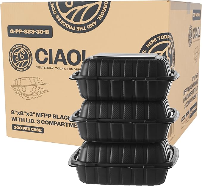 CIAO! 8"x8"X3" MFPP Black Hinged Container With Lid 3 Compartment (Case of 200)