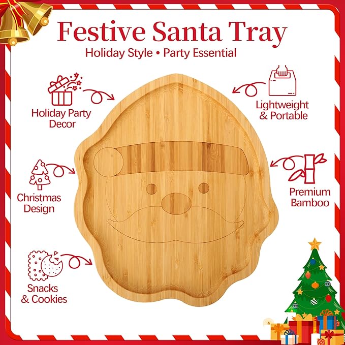 TJ POP Christmas Bamboo Serving Tray – Santa Claus Shape – Holiday Snack Platter for Cookies, Candy & Fruits – Rustic Xmas Table Decor