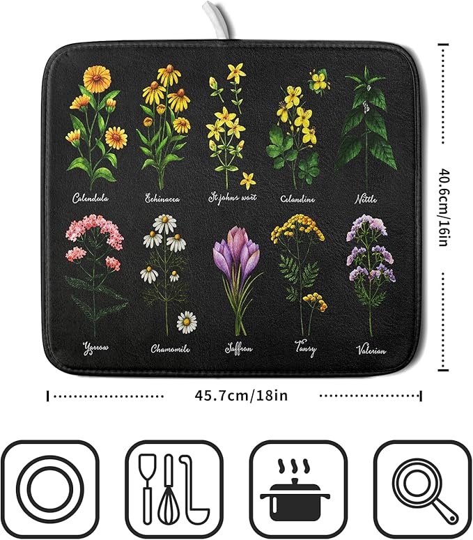 Black Flower Herbs Dish Drying Mat 16x18 Inch Botanical Floral Microfiber Drying Mats with Hanging Loop Foldable Absorbent Dish Drainer Rack Pad