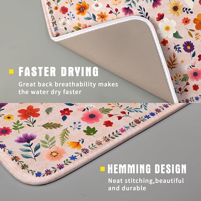 Boho Floral Dish Drying Mat - Pink Wildflower Absorbent Microfiber Kitchen Counter Pad for Home Coffee Bar Decor