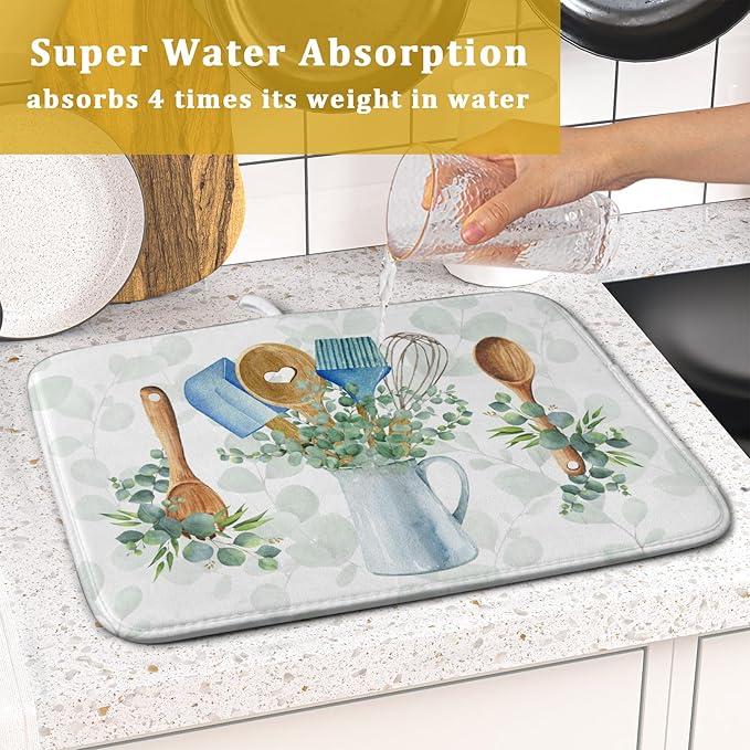 Sage Green Dish Drying Mat for Kitchen Counter, Cooking Supplies Reversible Dish Drainer Rack Pad Fast Dry Kitchen Accessories 16x18 Inch