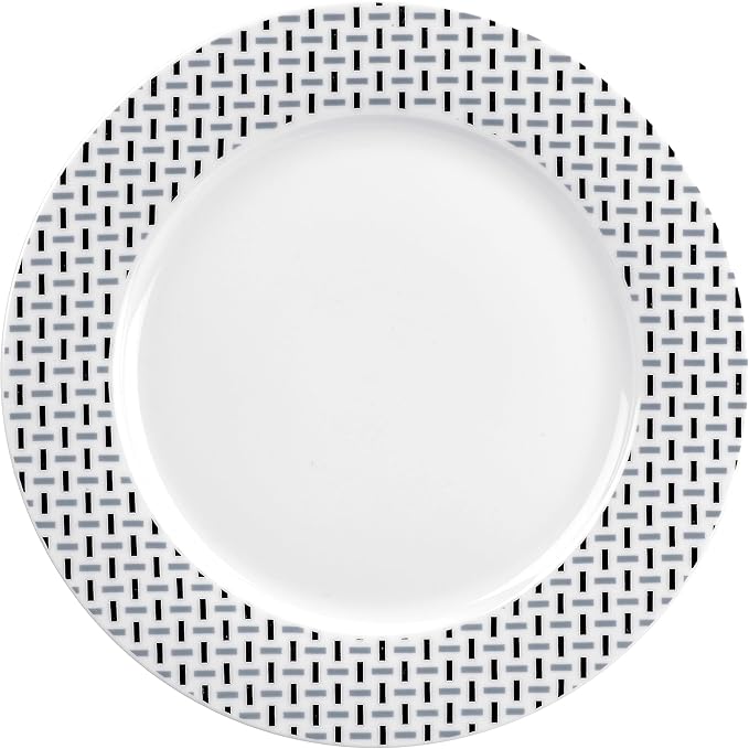Portmeirion Home Stella 16 Piece Set - Monochrome Porcelain Dinnerware Collection with Patterned Borders, Mix & Match Designs - Ideal for Family Dining, Casual Entertaining & Modern Table Settings