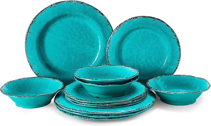 LEHAHA 12 Piece Vintage Melamine Dinnerware Sets Include 4 Dinner Plates, 4 Salad Plates and 4 Bowls Service for 4, Unbreakable Farmhouse Dishes and Bowls Suitable for Indoor and Outdoor Use Teal