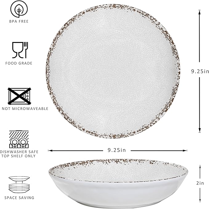 Rustic White Melamine Pasta Bowls, 6 Pack 9.25 inch Serving Bowls, Wide and Shallow All-purpose Bowl, Unbreakable Kitchen Bowls for Salad, Pasta, Ramen, Soup, Noodle, Fruit. Dishwasher Safe…